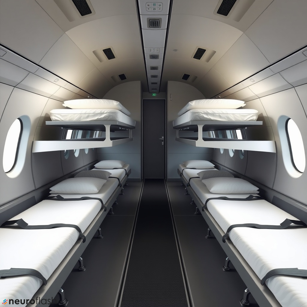 AI commercial airplane without seats, beds instead, 2 decker